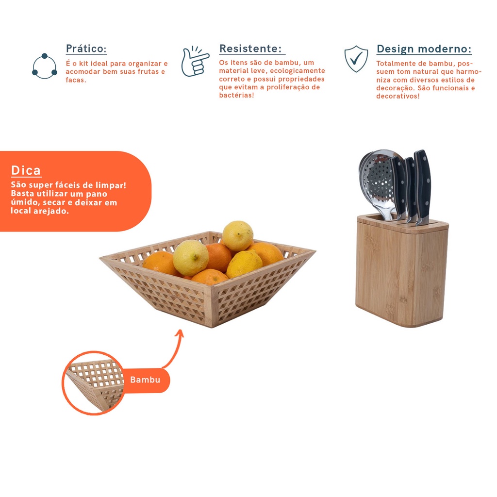 Kit com fruteira vazada de bambu e porta facas de bambu - Oikos